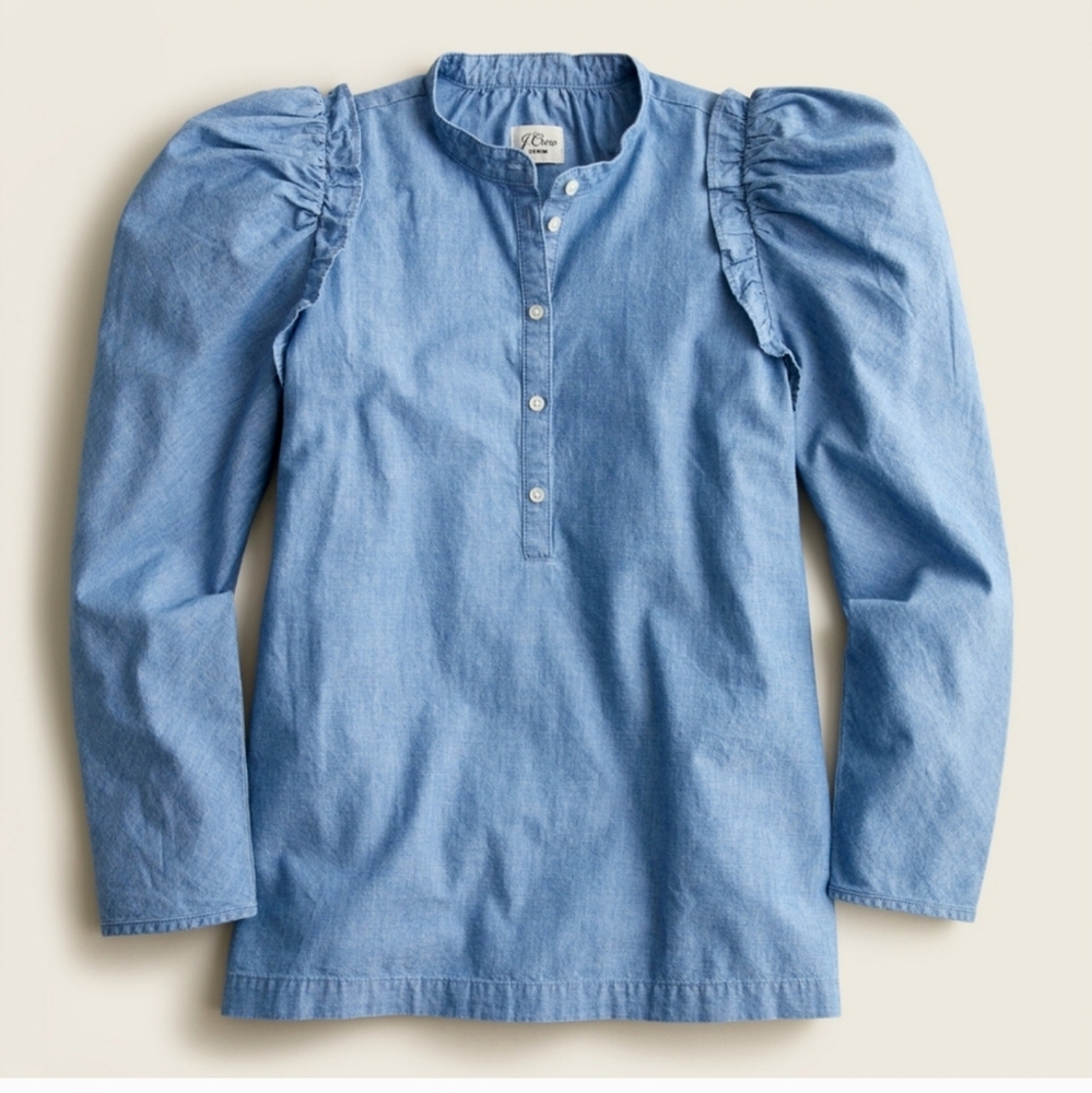 J Crew Ruffled Puff-Sleeve Denim Top, Relaxed Fit P2P 20 in.